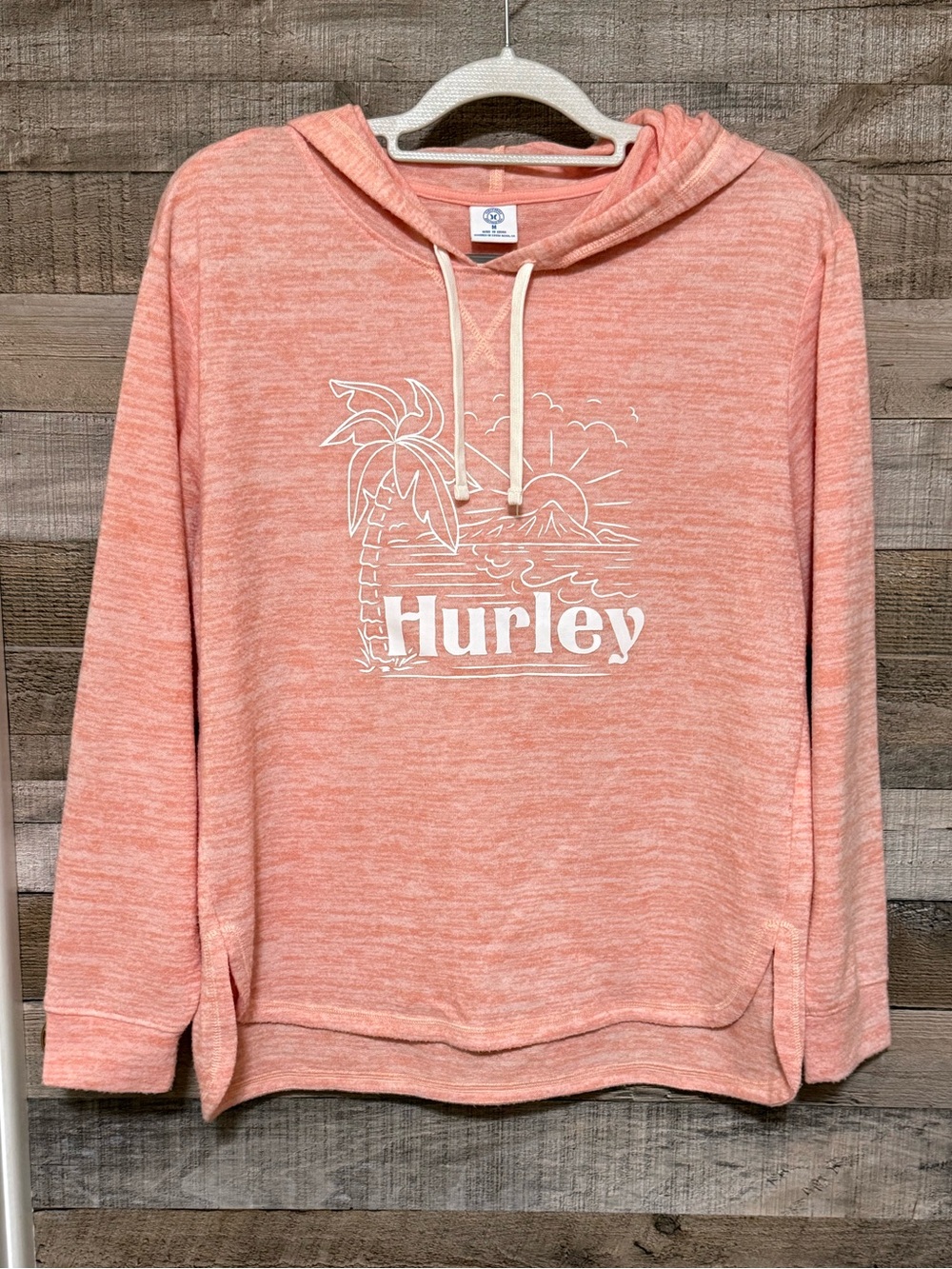 Hurley Women’s Pullover Hoodie-Peach Heather-Palm Tree Sunset Graphic-Size Med
